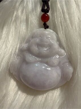 Lavender Jade Laughing Buddha Pendant with Red Bead Accent